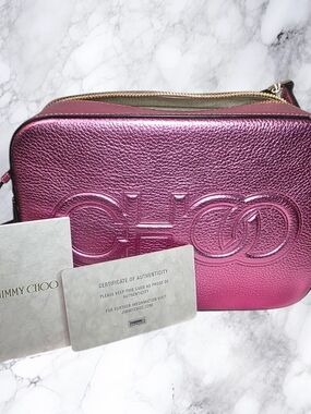 Jimmy Choo NWT Metallic Pink Camera Bag Leather Crossbody Auth Card Dust Bag